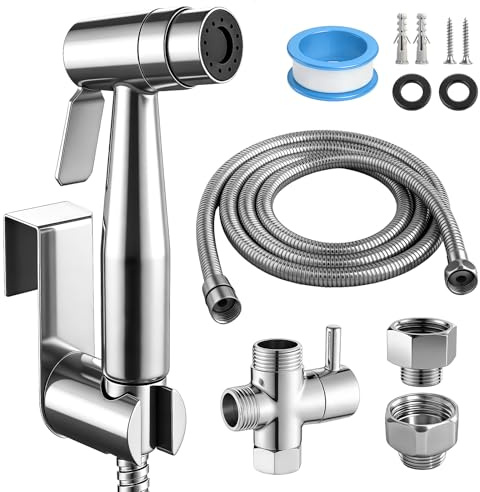 Pulvérisateur de bidet à main en Acier Inoxydable, Douchette Bidet Avec Vanne En T G1/2 Et Adaptateur Toilette G3/8, Flexible 150Cm, Support Mural Ou Crochet, Douche Pour Bébé, Animaux Et Hygiène