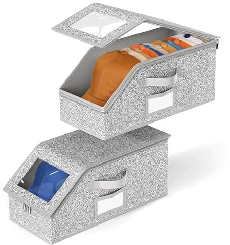 Caja organizadora de sombreros, 2 unidades, almacenamiento apilable para gorras de béisbol, capacidad para hasta 24 organizadores de gorras de béisbol con ventana visible y asa para gorra de armario