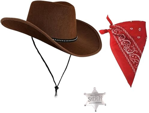 RenSton 3 PCS Cowboy Hat Set, Brown Western Hat with Silver Sheriff Badge, Red & Black Paisley Bandana, Cowboy Accessories for Women Men Halloween Birthday Cosplay Party