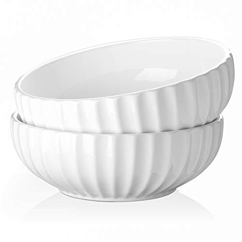 DOWAN 9.8'' Serving Bowls, 86 oz Large Salad Bowl, Ceramic Serving Dishes, Set of 2, Pumpkin Shape for Christmas, Entertaining, Party, Kitchen, Dinner, Banquet, Housewarming Gift, White