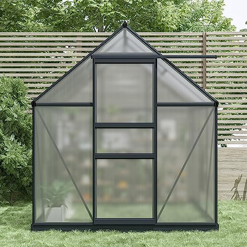 CHARLES BENTLEY Greenhouse, Aluminium Frame, Polycarbonate, Adjustable Roof Vents, Sliding Door, Gutters, Zinc Steel Base, Roof Frame, End Caps, Strong, Durable, For Plants, Grow House (208x188x184cm)