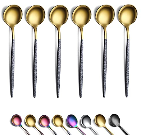 Berglander Cuillères à café en or 6 pièces, surface de lune en acier inoxydable poignée noire, cuillères à café à tête dorée brillante, petites mini cuillères à café, lavables au lave-vaisselle.