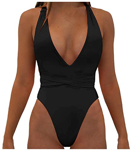 Routefuture Maillot de Bain Femme 1 Pièce Sexy Col V Monokini Licou Maillot Une Pièce Amincissant Dos croisé Rétro Maillot de Bain Couleur Unie Body Swimwear,Noir,L