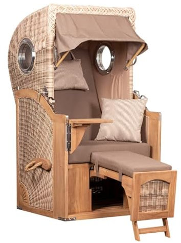 Mr. Deko Strandkorb Düne Single Bullauge Teak PE Shell Dessin 534 Teak Singlestrandkorb inkl. 3 Kissen+Wechselpolster-Strandkörbe aus Teak für Balkone, Wintergarten, Terrassen