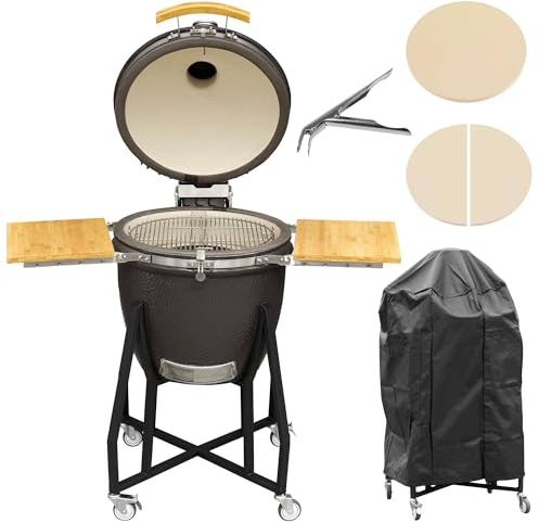 Dellonda Deluxe 22(56cm) Ceramic Kamado Style BBQ Grill/Oven/Smoker, Supplied with Stand, Castor Wheels & Accessories - DG236