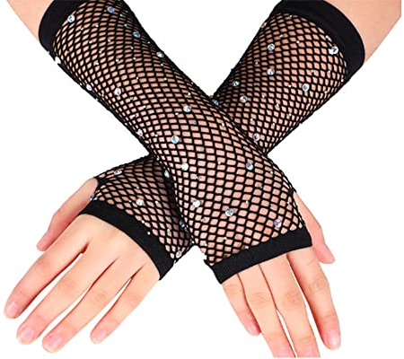 Fingerless Fishnet Gloves With Rhinestone Women Girls Stretchy Wrist Gloves Sparkled Glitter Gloves Long Sexy Mesh Retro Gloves Evening Party Cosplay Gloves Halloween Costume Accessories