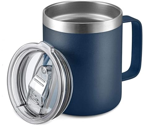 camako Stainless Steel Insulated Coffee Mug with Handle and Lid - Double Wall Thermal Cup for Cold & Hot Drinks (Dark Blue, 0.35L)