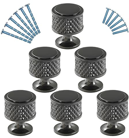 YNDD 6 Pezzi Pomelli Cucina Neri Moderni Rotonde, Maniglia Armadio Nera a Foro Singolo Ø 25mm Manopole per Mobili in Lega di Zinco Pomoli per Mobiletto Dorato per Armadietti Bagno Guardaroba Toilette