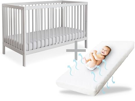 Ehrenkind® Babybett PUR inkl. Matratze 140x70 aus Buchenholz | Hellgrau | Kinderbett 9-Fach höhenverstellbar mit entnehmbaren Stangen | Baby Bett