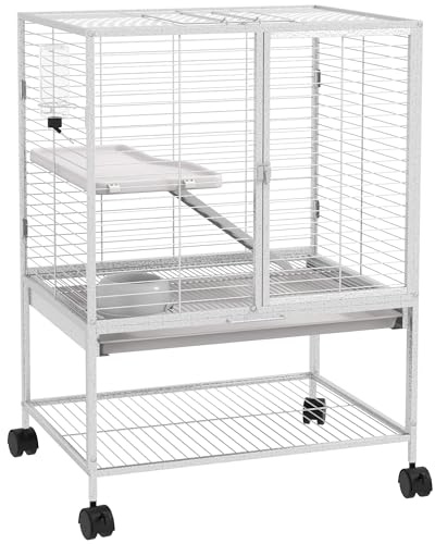 PawHut Cage pour Petits Animaux sur roulettes 2 Niveaux avec 2 Portes, 1 Rampe, 1 étagère de Rangement, Bol, Bouteille - 61,5 x 44,5 x 86 cm, Gris