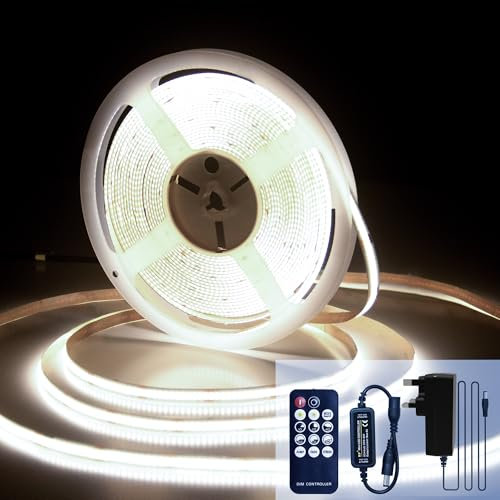 luktix COB LED Strip 10M, 4000K Natural White LED Strips, 24V Dimmable LED Strip Lights, CRI92+,8mm Width, with Remote Control and UKCA Power Supply,for Home Decoration, Kitchen, Mirror