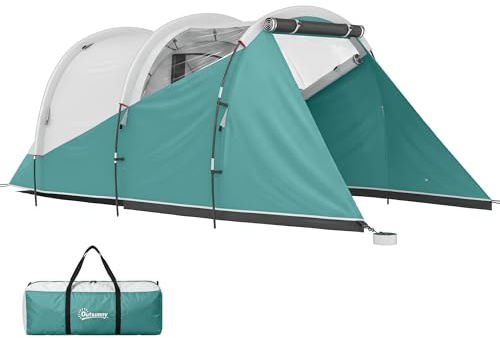 Outsunny 2 Room Camping Tent for 3 Man 3000mm 460L x 260W x 190H cm Green | Waterproof Large Family Tent, Sewn-in Groundsheet, Portable Carry Bag, Fishing Hiking Festival