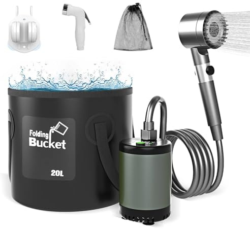 Portable Camping Outdoor Shower Kit with 20L Collapsible Bucket 10000mAH Rechargeable Electric Intelligent Digital Display Shower Pump for Outside Hiking Dog Bath Beach Traveling (Grey)