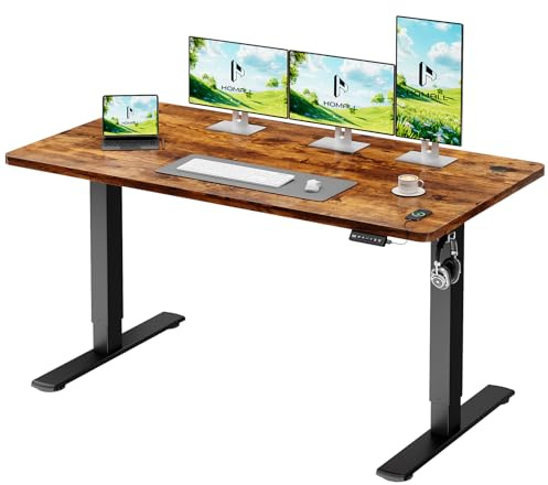 Homall Stående skrivbord 140 x 60 cm, elektriska skrivbord höjdjusterbart bord med USB-laddare, påminnelse om stillasittande livsstil, 3 minnespositioner, kabelbox och hjul, brun