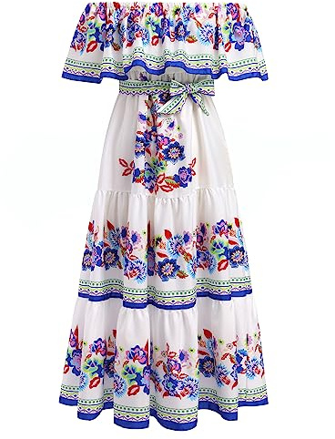 EFOGEP Women Mexican Fancy Dress Traditional Fiesta Dresses with Belt | Summer Boho Floral Printed Drape Dress Off Shoulder Casual Wedding Beach Party Dress