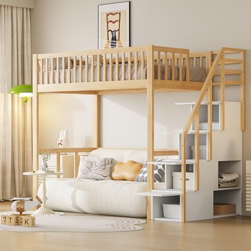 WIZBED Hochbett 90x200 mit Lattenrost, Treppe und Rausfallschutz, Kinderbett mit Stauraumleiter, Bettgestell aus Kiefernholz, Funktionsbett stockbett jugendbett, Ohne Matratze