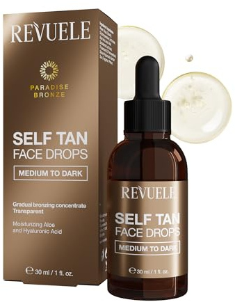 REVUELE Self Tan Face Drops Medium to Dark – Gocce Autoabbronzanti Viso Graduali, Siero Illuminante per Colorito Dorato Intenso e Naturale, Effetto Glow, Idratante e Senza Striature, 30 ml