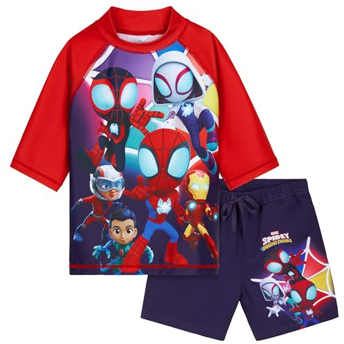 Get Trend Marvel Spidey Costume Piscina Bambino 2 Pz Costumi Mare Pantaloncini da Bagno e Maglietta per Nuoto Spiaggia Viaggio (5-6 Anni, Blu Navy Spidey)