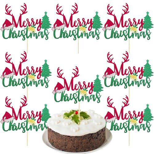 Merry Christmas Cake Toppers Set, 8Pcs Multicolor Christmas Cupcake Toppers Backing Cake Pick Topper with Christmas Tree Hat Bell Glitter Design for New Year Holiday Party Cake Decorations