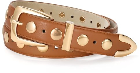 JasGood Cinturón de piel para mujer con hebilla dorada, cinturón vintage punk rock cinturón de moda con remaches para vaqueros y uso diario