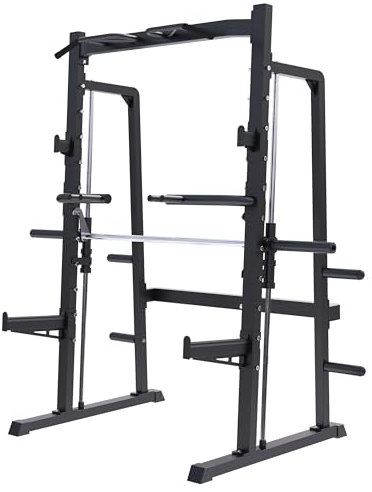 GORILLA SPORTS® Half Rack Smith Machine - mit Klimmzugstange, Geführter Langhantel, für 50mm Hantelscheiben, bis 300kg-Multipresse, Squat Rack, Kraftstation, Power Cage, Fitness Station