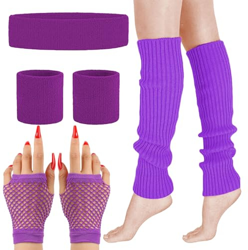 MUNSKT 5 Colors Leg Warmers Fishnet Gloves Headband Wristbands Neon Set, 80s Women Fancy Dress Costume Accessories, 1980s Retro Theme Party Costumes (purple)