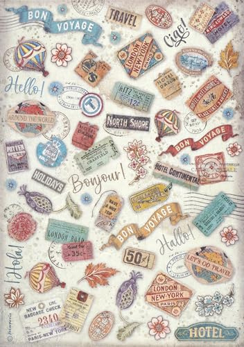 Stamperia A4 Rice Paper for Decoupage - Art of Travelling, Labels - Vintage Travel Design