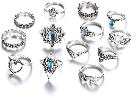XFSRG Set de 13 unidades Juego de Anillos de Nudillos Bohemios Vintage para Mujer y Niña con Diseños de Flores Talladas, Luna, Cristal, Piedra, Diamantes de Imitación y Turquesa