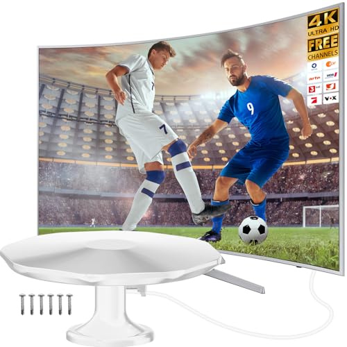 DVBT2 Antenna, Indoor Antenna DVB-T & DVB-T2 Antennas with Amplifier, Long Range and 360° Reception, Indoor Antenna for TVs with Strong Magnetic Base, Suitable for 4K 1080p & All TVs - White