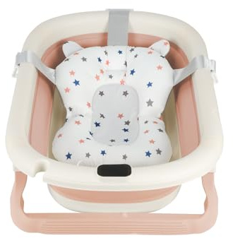 Baignoire Pliable pour Bébé avec Coussin Antidérapant, Thermomètre Intégré, Design Portable pour la Maison et les Voyages, Benoire pour Bébé à Bain, Facile à Nettoyer (Rose,Coussin, 71x43x18.5cm)
