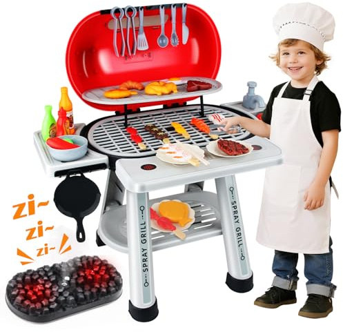 VICTERR BBQ Grill Spielset für Kinder, 2-Lagiges Grillset Mit Kinderküche Zubehör, Gartenspielzeug Kinder Draußen, Weihnachts Geburtstags Geschenk für Mädchen Jungen ab 3 Jahren