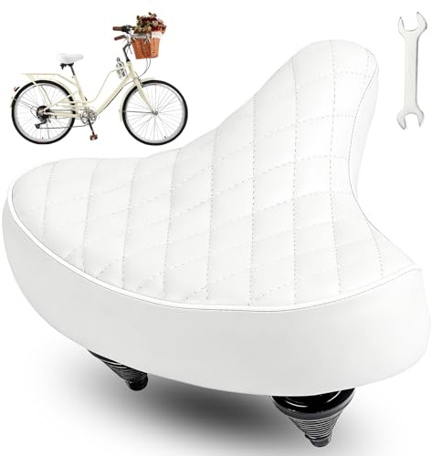 GRELiving Bicycle Saddle, Comfortable Gel Saddle for Men and Women, Ergonomic Comfort Seat for City Bikes, MTB & Retro Bikes (26 x 27 cm), Breathable and Waterproof (White)