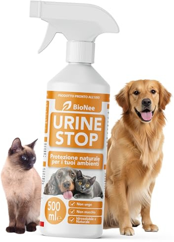Bionee Urine Stop Spray Naturale per Cani e Gatti 500 ml – Doppia Azione: Disabituante agli Agrumi + Elimina Odori – Pronto all’Uso, Non Macchia, Sicuro per Ambienti Interni ed Esterni