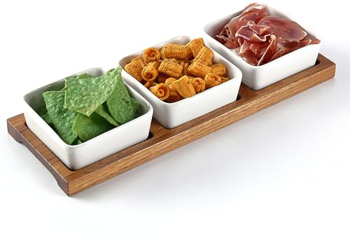 keramwerk 3 Pack Condiment Tray,Chip and Dip Bowl with Wooden Serving Tray,Perfect for Snacks,Appetizers,Charcuterie,Chips,Sauce,Soy,BBQ,Candy,30x10.5CM Chip and Dip Serving Set for Parties