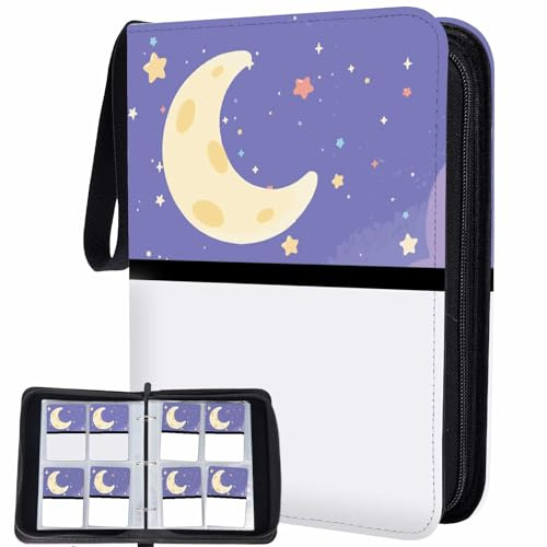 PRESSINART Álbum de Cartas Moon Card Binder para Trading Card con 400 Bolsillos de Gran Capacidad Organizador de Almacenamiento Resistente Al Agua de Cuero Duradero Diseño de Luna Morado Blanco con