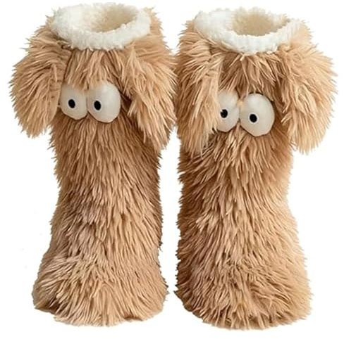 Muffle Friends Cozy Socks, Cute Big Eyes Women’s Funny Fuzzy Slipper Socks with Ears, Non-Slip House Warm Sock, Winter Warm Fluffy Soft Slippers, Fluffy Cozy Plush Slipper Sock for Women Girls