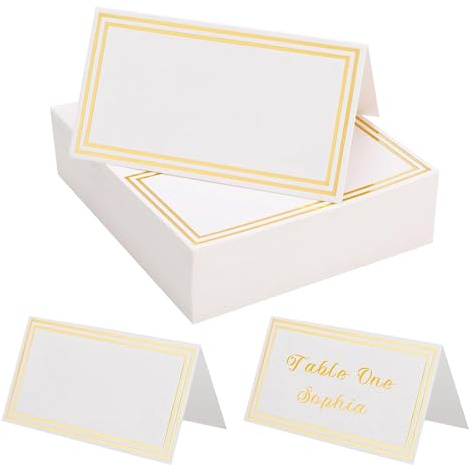 Table Place Cards,Wedding Name Cards Place Cards with Double Gold Border | 25pcs Rectangle Place Cards Blank Personalised Name Cards for Table Setting Wedding Birthday Dinner Party(White)