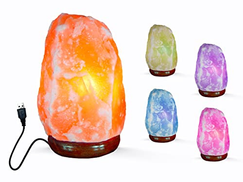 I-TOTAL® - Naturlig rosa Himalaya saltlampa USB färgbyte 300–400 gr med träbas