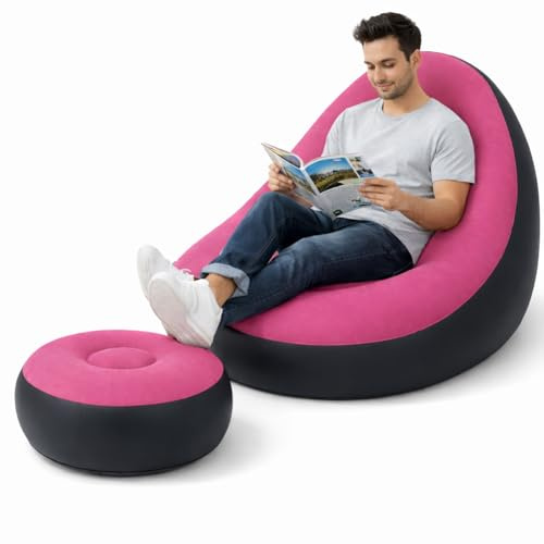 BAKAJI Poltrona con Pouf Gonfiabile per Interni ed Esterni con Doppia Texture, Divanetto Gonfiabile in PVC ed Effetto Velluto, Ottomano per Adulti e Bambini da Campeggio, Casa, Giardino, Mare (Rosa)