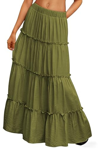 BEWECASU Women Vacation Outfits Long Skirts Boho Maxi Skirt Elastic High Waist Dress with Pockets