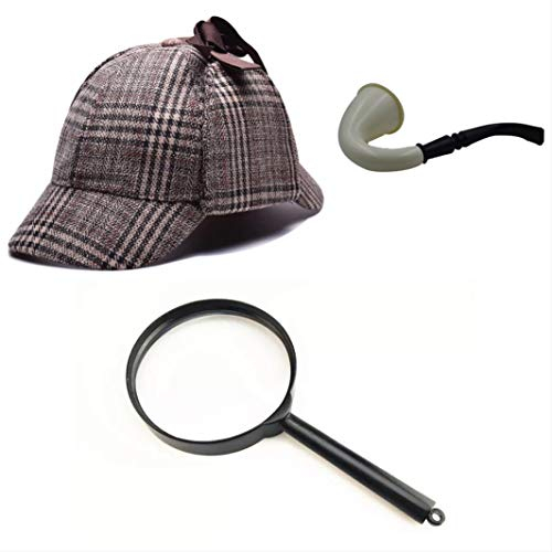 thematys Detektiv Kostüm Set – Komplett mit Deerstalker Hut, Pfeife & Lupe für Sherlock Holmes Fans, Ideal für Fasching & Halloween (Style001)