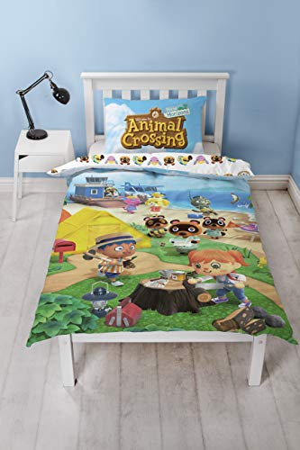 Animal Crossing Officiellt enkelt påslakan | vändbar dubbelsidig stranddesign | Polycotton roliga sängkläder med matchande örngott, flerfärgad, 200 x 135 cm (enkelt täcke), AMCBCHDS001UK1