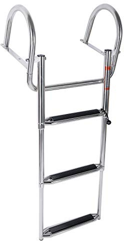 Amarine Made Stainless Steel in-Board 3 Steps 14‘’ Wide Telescoping Ladder Folding Dock Ladder with Double Pedals for Marine Boat Yacht Swimming Pool 550lbs Capacity