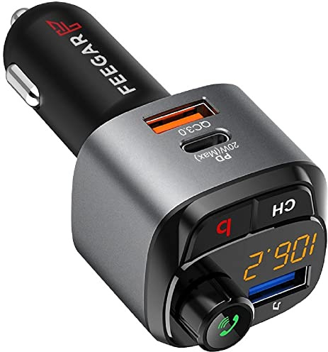 Feegar Q100 Bluetooth 5.0 FM Transmitter für Auto Kit QC3.0 PD Car USB Charger 38W HD Microphone B Button (Bass Boost Surround Effect) Type C PD 3.0 / 4.0 Siri Google Assistent