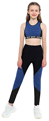 Oyolan Sportset flicka leggings långa strumpbyxor fitness yoga löpning väst sport linne bodybuilding tank top outfit gymnastik kostym dans 5–14 år, typ b marinblå, 12-14 ans
