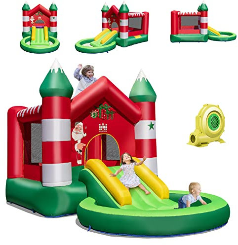 COSTWAY Château Gonflable avec Toboggan pour Enfants 3-10 Ans Thème de Noël, Aire de Jeux avec Trampoline Piscine Rondes à Balles Mur en Maille Ventilée, Charge 135KG (avec Souffleur de 480W)…