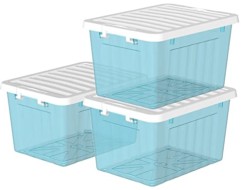 Cetomo 15L*3 Cajas de Almacenamiento con Tapas, Contenedores de Plástico con Broches de Enganche, Clip On, Apilables, Encajables, Organizador Rayado para Ropa Juguetes Armario, Azul Claro, 15L-3 Pack