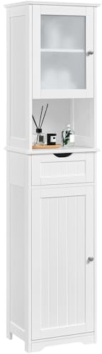 Yaheetech Armadietto da Terra con Ripiani Regolabili Armadio da Bagno con Ante Mobile Autoportante in Vetro Mobiletto con Cassetto per Cucina Soggiorno Stile Shabby Chic 40 × 30 × 170 cm Bianco