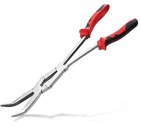 LEONTOOL 13 Inches Dual Pivot Pliers Double Joint Bent Long Nose Dual Material Pliers with Serrated Jaw 45 Degree Extra Long Reach Compound Action Pliers for Hard to Reach Narrow Spaces