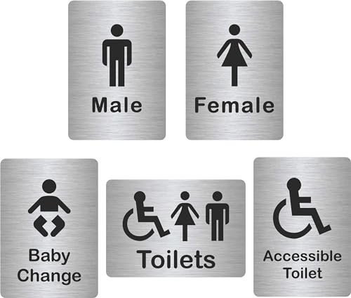 Customcard Ltd Set of 5 Aluminium Signs: Toilets, Male, Female, Accessible, Baby Chang sign–high quality, brushed silver finish with tape on the back